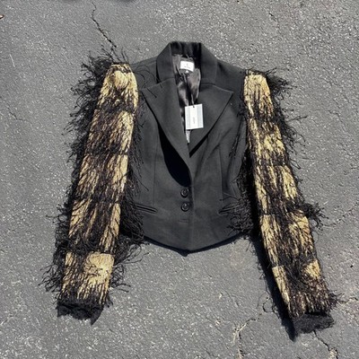 Judy Zhang Runway Fringe Sleeve Blazer Black Gold Jacket NWT Size 4