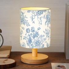 Blue Floral Table Lamp for Bedroom Bedside Lamp with Linen Wooden Nightstand ...