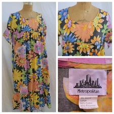 METROPOLITAN Black Mod Floral House Lounge Dress Muu Muu Caftan India Boho L EUC