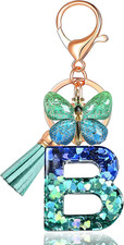 Initial letter Keychains for Women Tassel Butterfly Pink Purple Cute Car Keychai