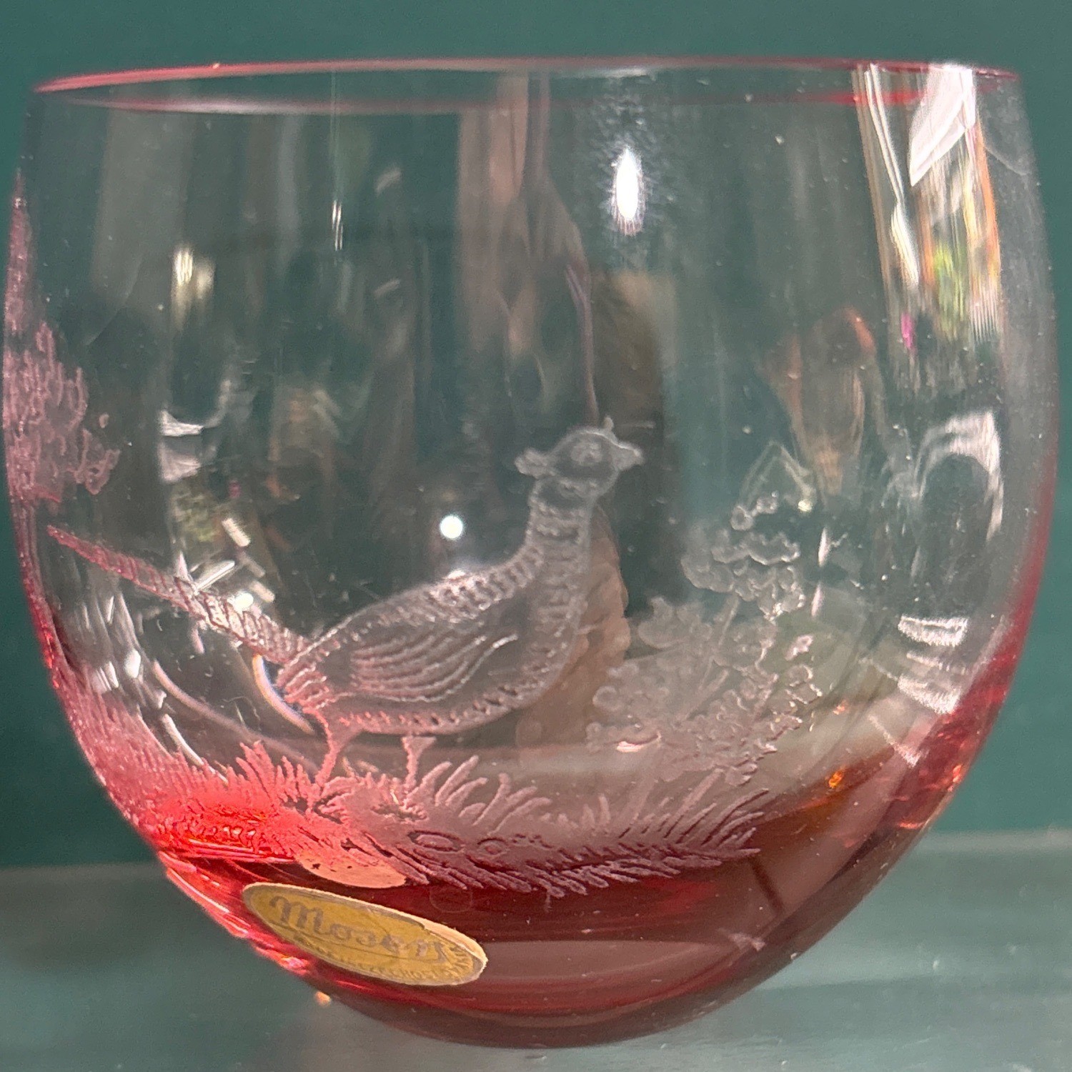 VINTAGE MOSER - ETCHED BIRDS BOHEMIAN CZECH CRYSTAL BAR GLASS