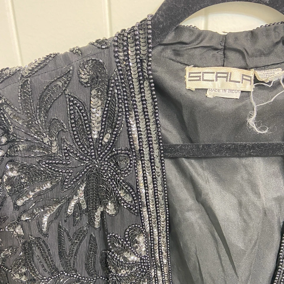 Vtg SCALA Pure Silk Evening Jacket Beaded/Sequin Women's Size M Black LS India - Image 4 of 4