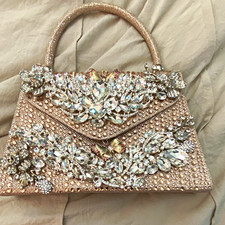 Avadora Mimouni Beaded Satin Clutch Bag, Beige/Silver Rhinestone Bridal