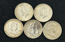 Lot of 5 90 Silver Half Dollars, Franklin and Kennedy, Circulated