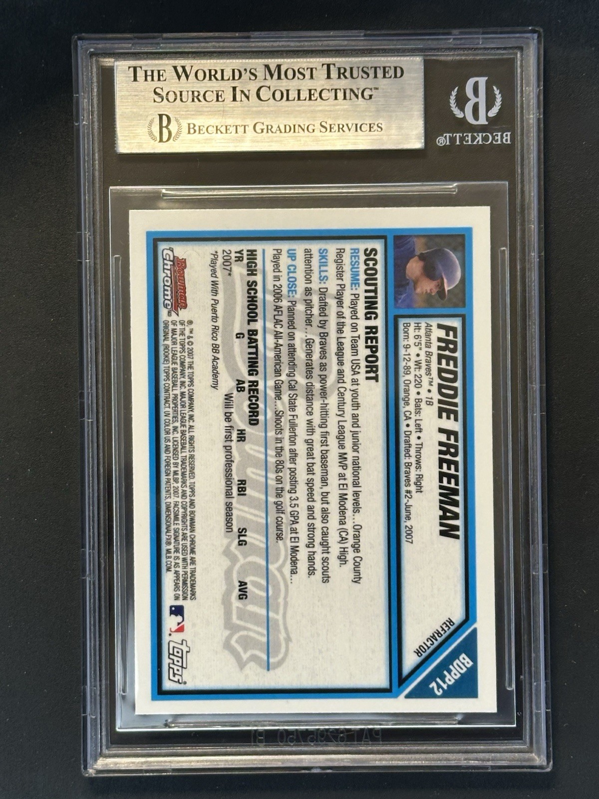 2007 Bowman Chrome Freddie Freeman 1st Chrome Refractor BGS 9 #BDPP12 view 2