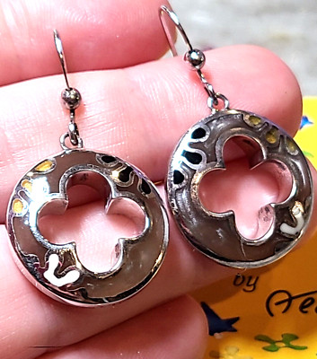 ALAN K DESIGNO STERLING SILVER  925 EARRINGS VENETIAN ORNAMENT CROSS GREY