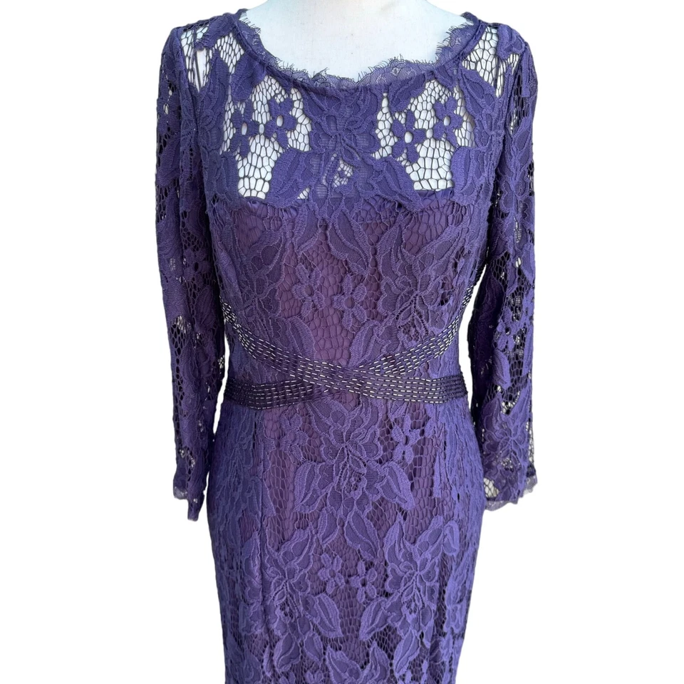 Vestido de mujer Adrianna Papell glamour púrpura ilusión encaje cuentas cintura manga larga Foto 3 de 4