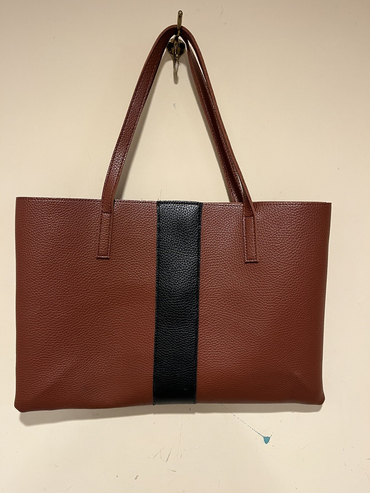 Vegan Leather Vince Camuto Brown Tote With Black Stripe Canvas - Main Image