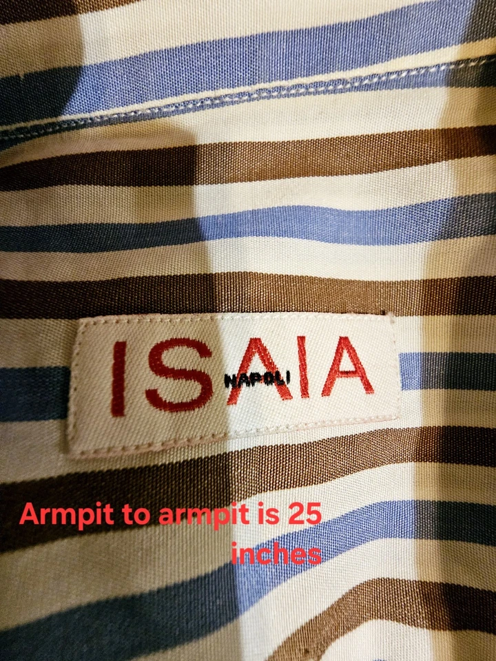 Camisa Isaia Algodón Rayas Blanca con Rayas Azules y Marrón Hecha a Mano en Italia $695 Foto 3 de 4