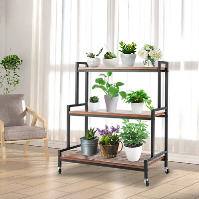 Rolling 3 Tier Plant Stand w/Wheels Balcony Garden Metal Plant Rack Flower Shelf