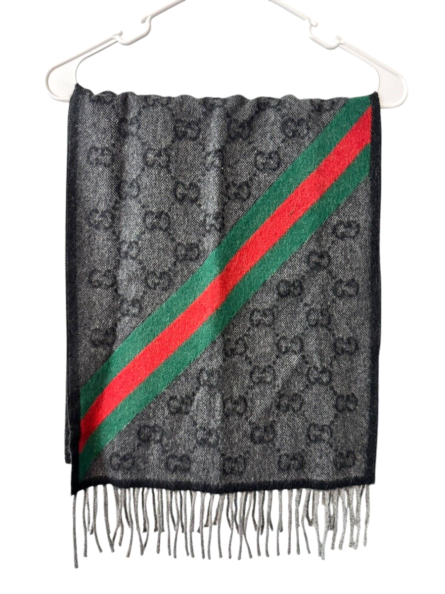 Gucci Charcoal/Black/Red/Green Wool Scarf with GG Logo