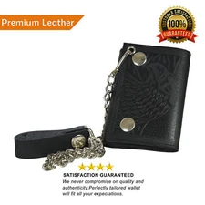 Leatherboss Genuine Leather Men EAGLE Trifold Wallet Chain Biker Trucker, Black