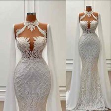 High Quality High Neck Mermaid Wedding Dresses Lace Applique Crystals with Cape