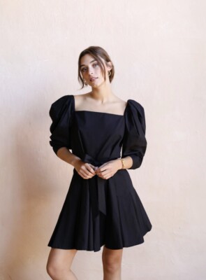 Mille Anais Black Square Neckline Puff Sleeve Dress LBD Sz S Ret $250