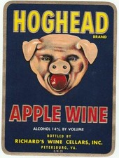 Vintage Bottle Label HOGHEAD APPLE WINE Richard's Wine Cellars Petersburg, Va.