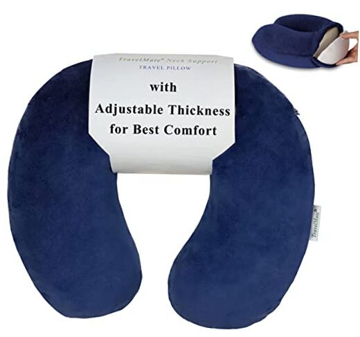 Memory Foam Neck Pillow - Adjustable Thickness for Best Comfort, Dark Blue