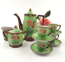 Antique Hinode Moriage Japan Chocolate Set Teapot Hand Painted Green Red Floral