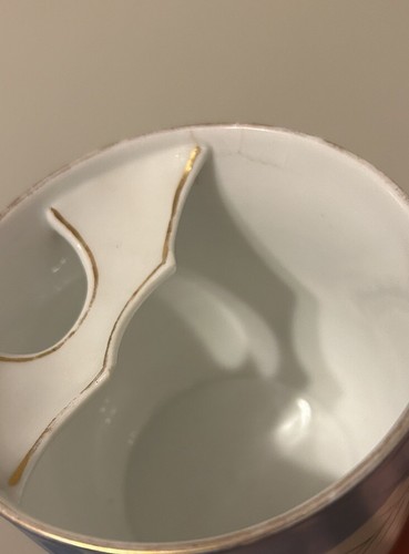 Antique c1932 Gilded Porcelain Mustache Teacup & Saucer Blue Floral #962/32 READ - Picture 14 of 15