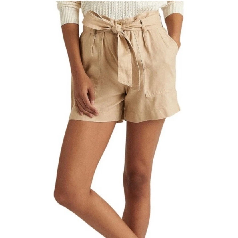Lauren Ralph Lauren 100% Linen Natural Tan Safari Zip Fly Belted Shorts SIZE 4