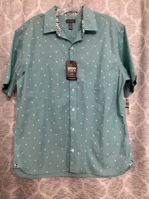 Van Heusen Never Tuck Slim Fit Button Up Shirt L  Teal  Short Sleeve NEW