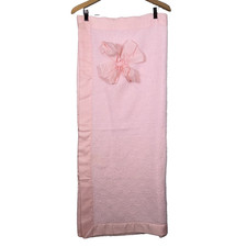 Vtg Satin Trim Baby Blanket Pink Waffle with Bow 40" x 67" Crib Toddler Read 