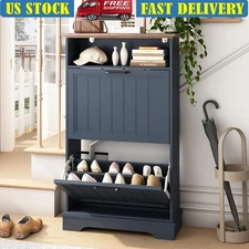 Space Saving Shoe Cabinet W/ Adjustable Shelves Flip Drawers & Ample Storage New