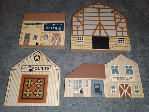 Lot 4 Assorted The Cat's Meow Wooden Village Sitters Amish Shops and Barns