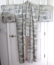 Fabulous Vintage Japanese Damask Silk Light Gray Plum Flowers Kimono Robe Lined