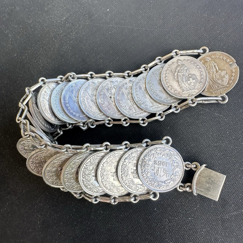 Vtg ½ Franc Swiss German 21 Coins Silver 1929 - 1958 Bracelet 63g