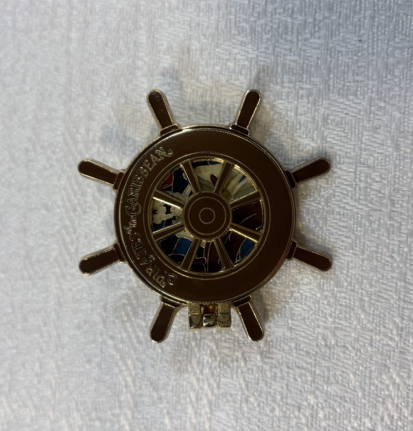 Disney Pin Pirates of the Caribbean Hinged Ship Wheel Helm Skeleton Gold Tone