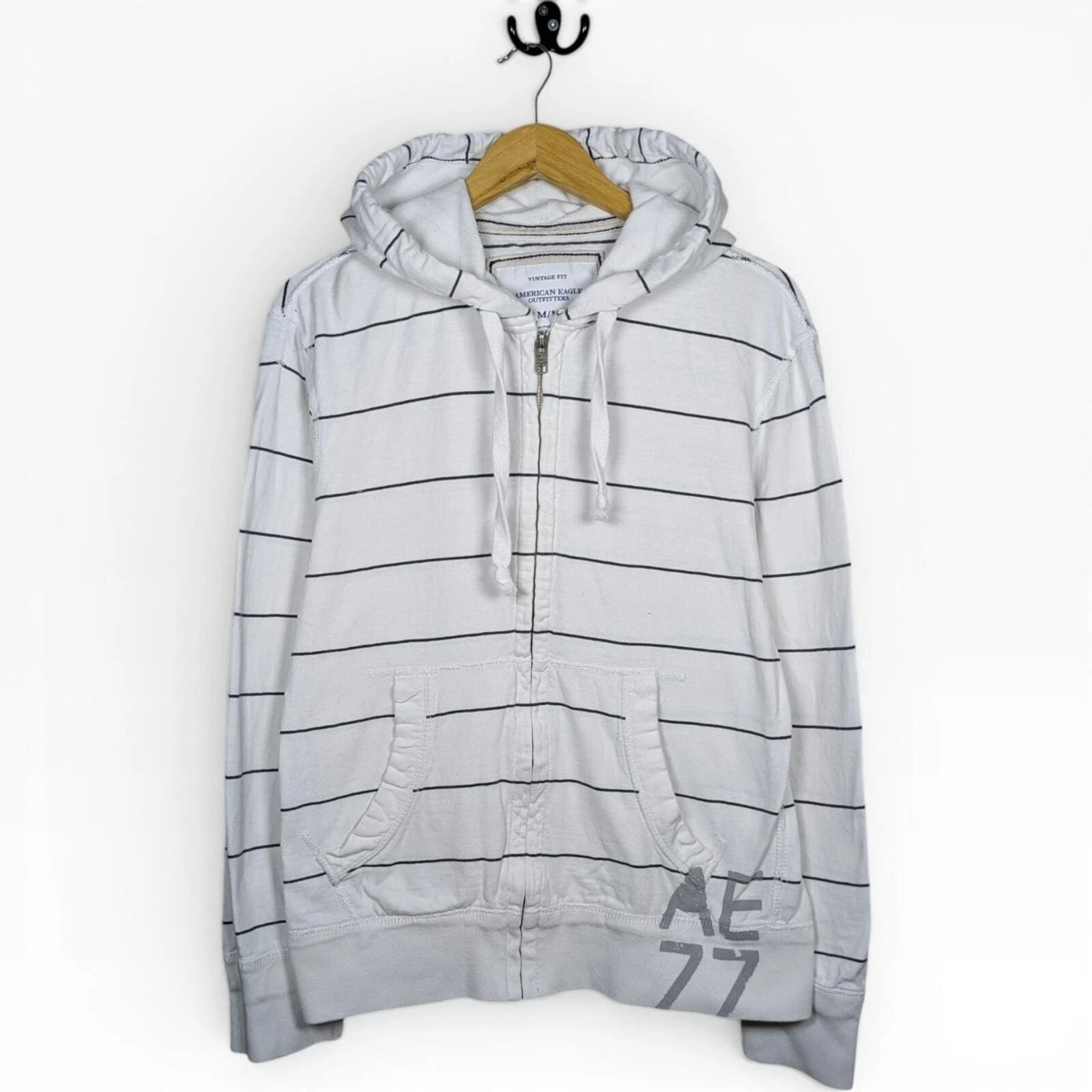Y2K American Eagle Striped Full Zip Hoodie Thermal Medium Sweater Skater Grunge
