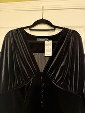 Lauren Ralph Lauren Black Velvet Midi Dress 2X Button Accent Formal Short Sleeve