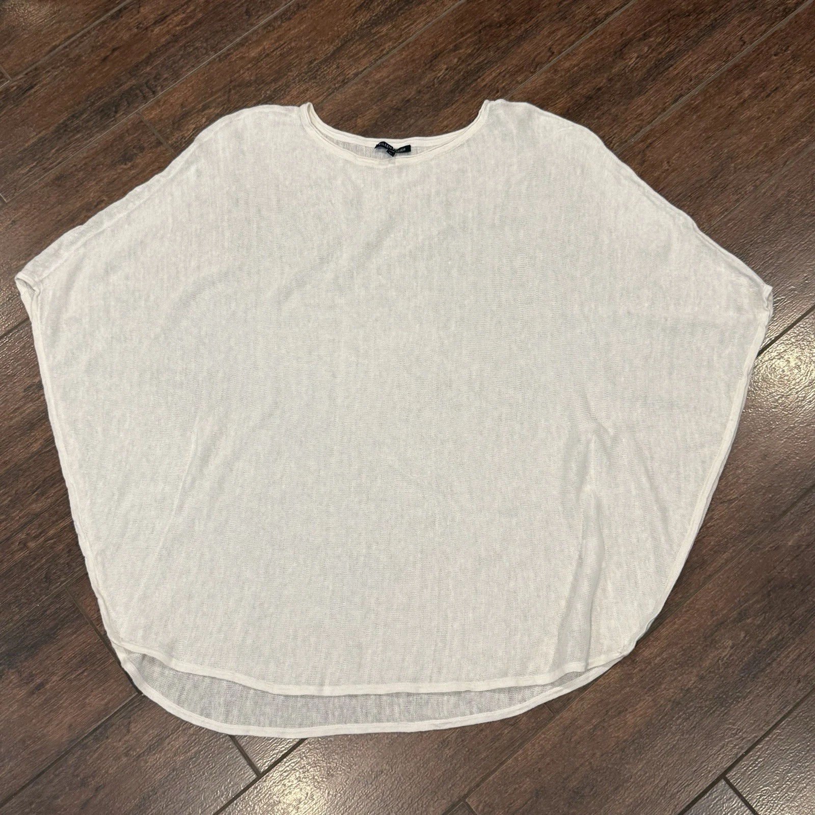 Eileen Fisher White 100% Linen Knit Crew Neck Poncho Top Pullover Medium