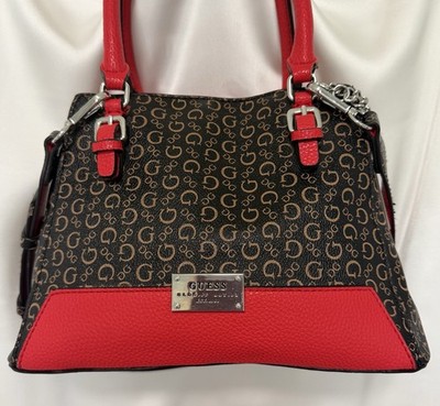 GUESS Brown Logo Satchel Top Handle Bag Red Straps Zip Charm Silver Hardware