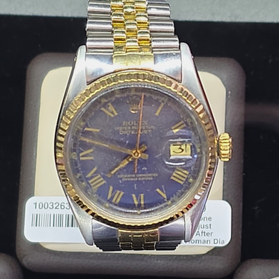 Vintage 14kt Rolex Datejust Two-Tone Lapis Roman Dial Watch