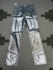 Good American Good Icon Straight Faux Leather Jeans Womens 2 Silver 26x32 New