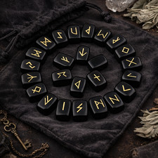 Black Obsidian Rune Stones Set – 25 Engraved Gemstone Runes Natural Crystal