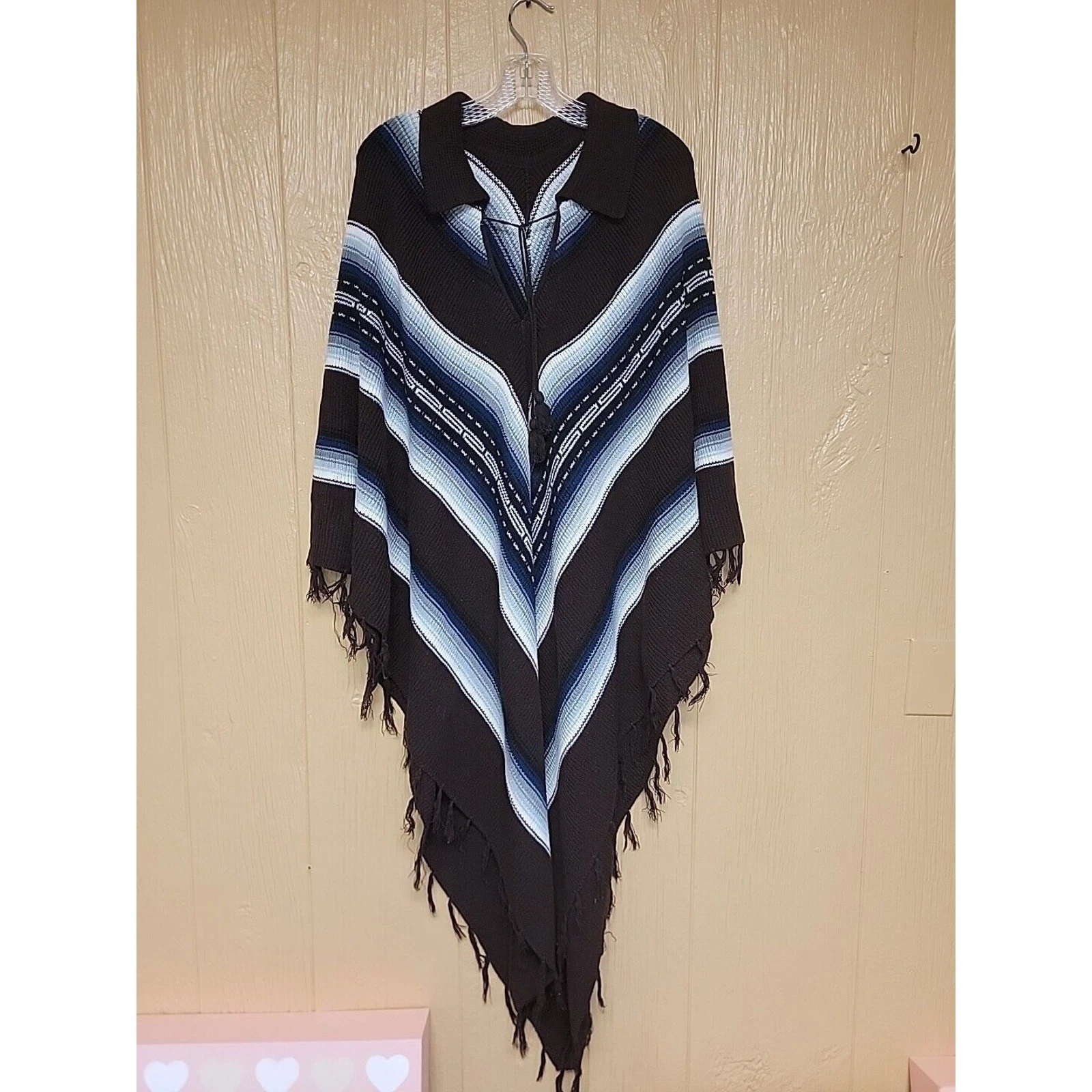 Cozy Shaw Cape Poncho Closed Aztec Design Fringed Brown & Blue One Size