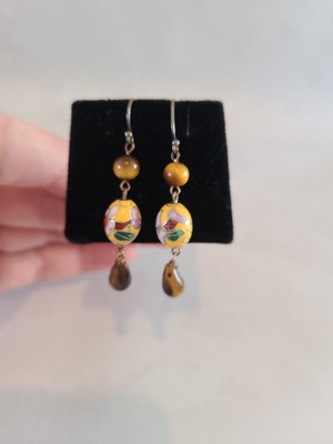 Vintage Anthropologie Tiger's Eye Stone and Enamel Beaded Earrings