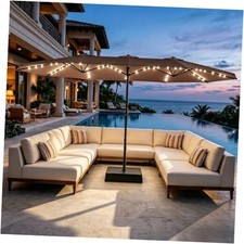 15 ft Large Patio Umbrella with Lights, 36 LED Lights Double-sided LED-Tan