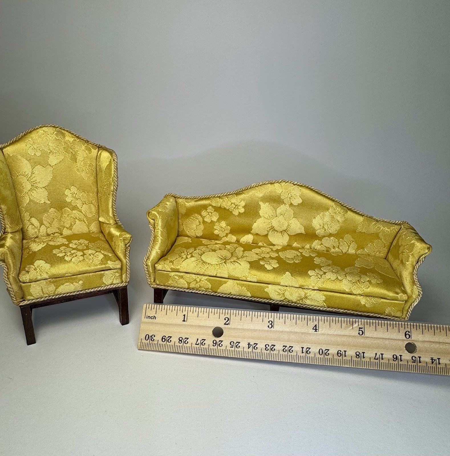 Vintage Miniature Dollhouse Yellow Brocade Upholstered Sofa and Chair Set
