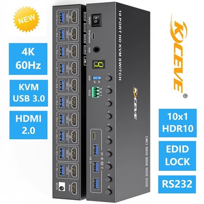 10 Ports Monitor HDMI + DisplayPort KVM Switch 4K@60Hz Mixed Display USB 3.0 DP