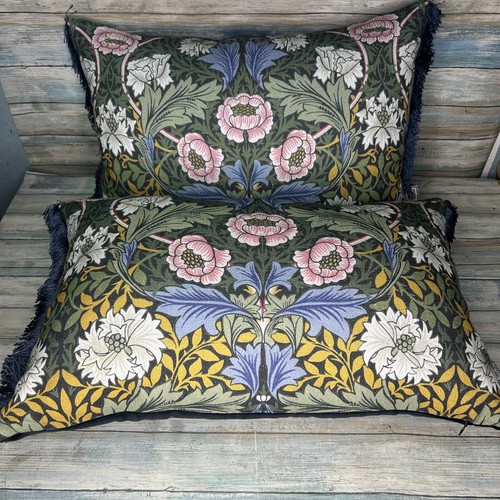 William Morris Pillows Blue Antique Floral Throw Fringe Decorative