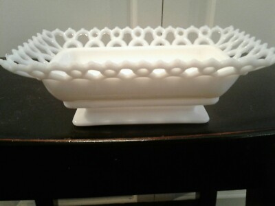 Milk White Glass Rectangle Container Basket Pedestal Decorative Border 8''×5'' EUC