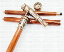 Antique Brass Telescope Compass On Top Design Handle Wooden Walking Stick Cane