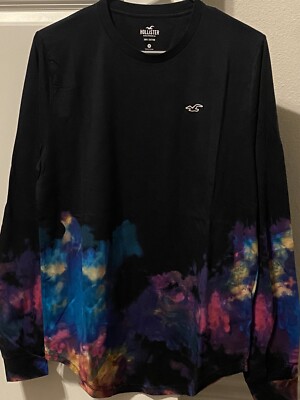 Hollister Men's Crewneck X-Large Size Long Sleeves Black & Multi Tie-Dye T-Shirt