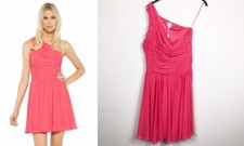 Halston Heritage One Shoulder Gathered Dress Poppy Pink Coral Ruched Chiffon NEW