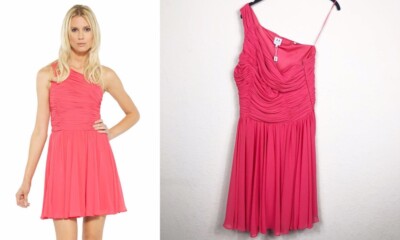 halston heritage pink one shoulder dress Halston Heritage Grecian One-shoulder Leg Slit Fuchsia Pink Evening Gown  Dress M