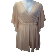 Boohoo Peach V neck Elastic waist short sleeve crepe lined dress size 14