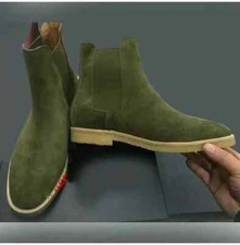 New Green Suede Formal Handmade Ankle Chelsea Dress Boots For Mens